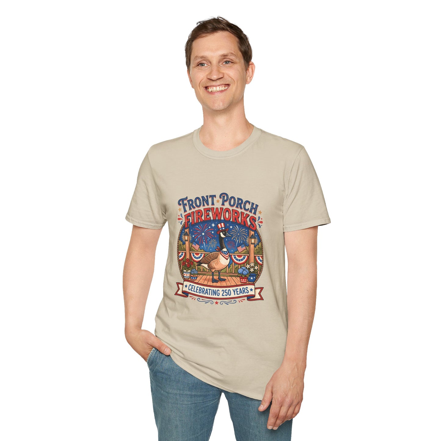 Front Porch Fireworks, Goose T-Shirt — Patriotic 4th of July Celebration Tee