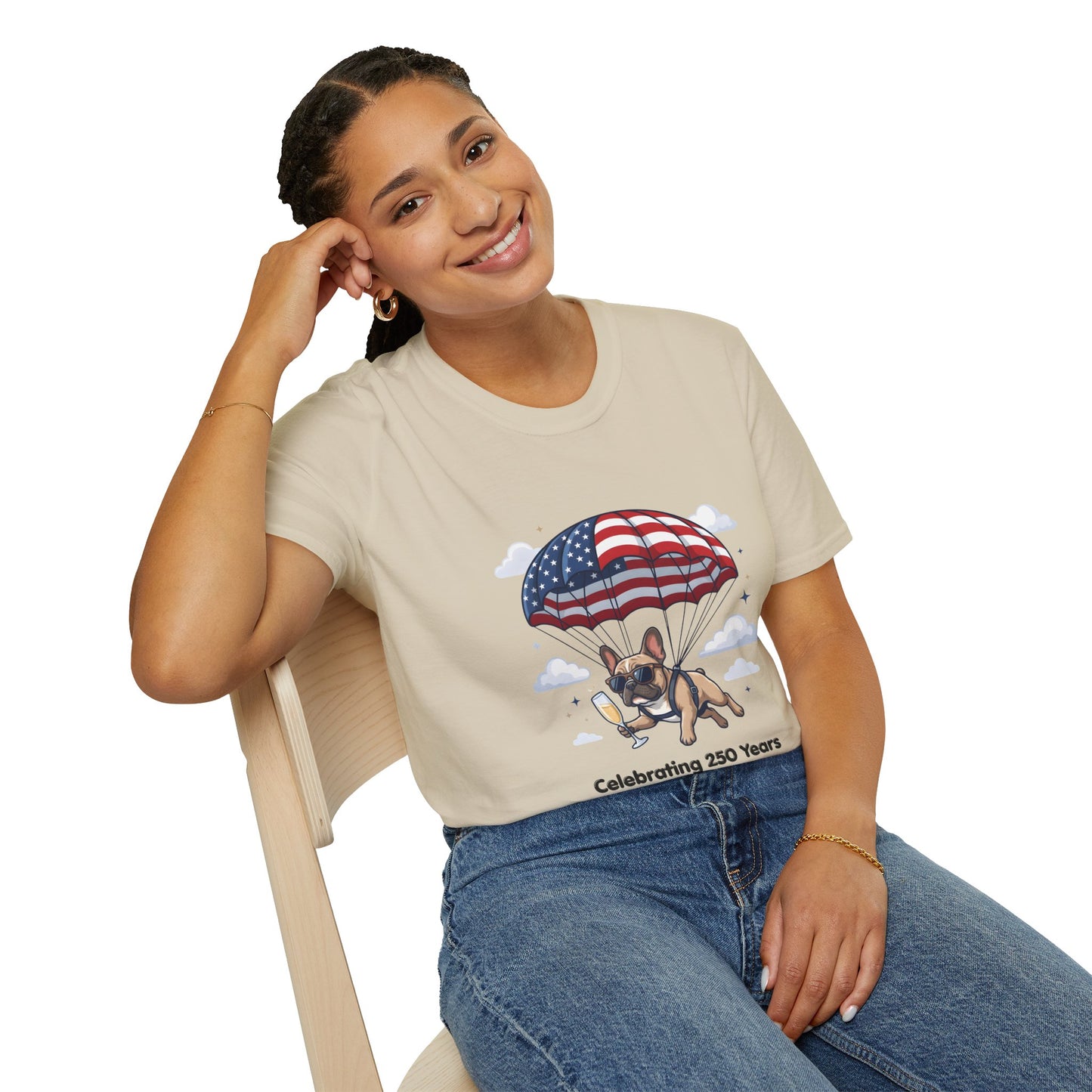 Patriotic French Bulldog T-Shirt — "Celebrating 250 Years" Parachute Design