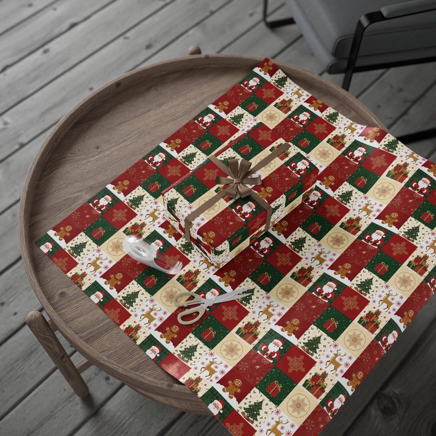 Christmas Patchwork Wrapping Paper Roll — Gingerbread, Trees & Red Green Christmas Pattern