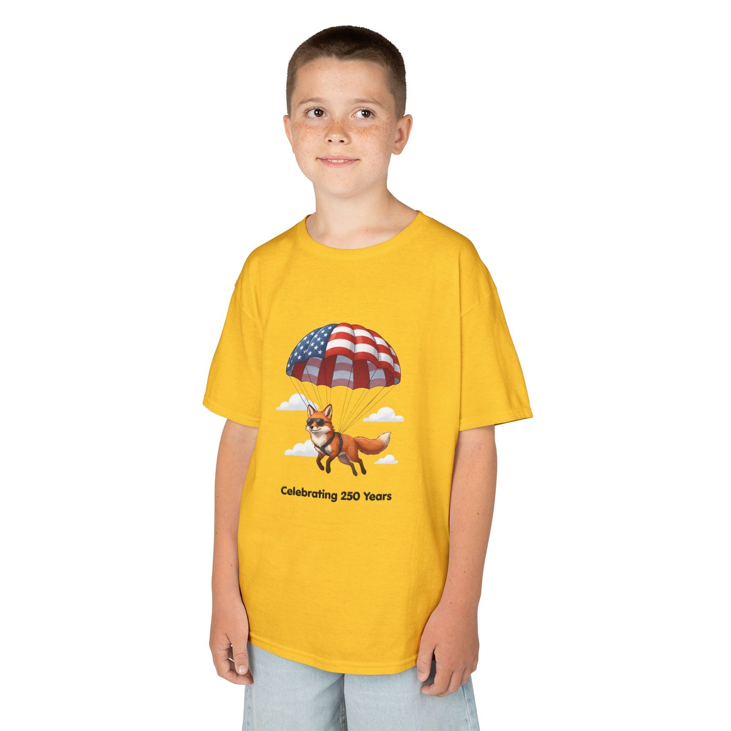 Kids Tee — Patriotic Fox with Parachute - “Celebrating 250 Years”