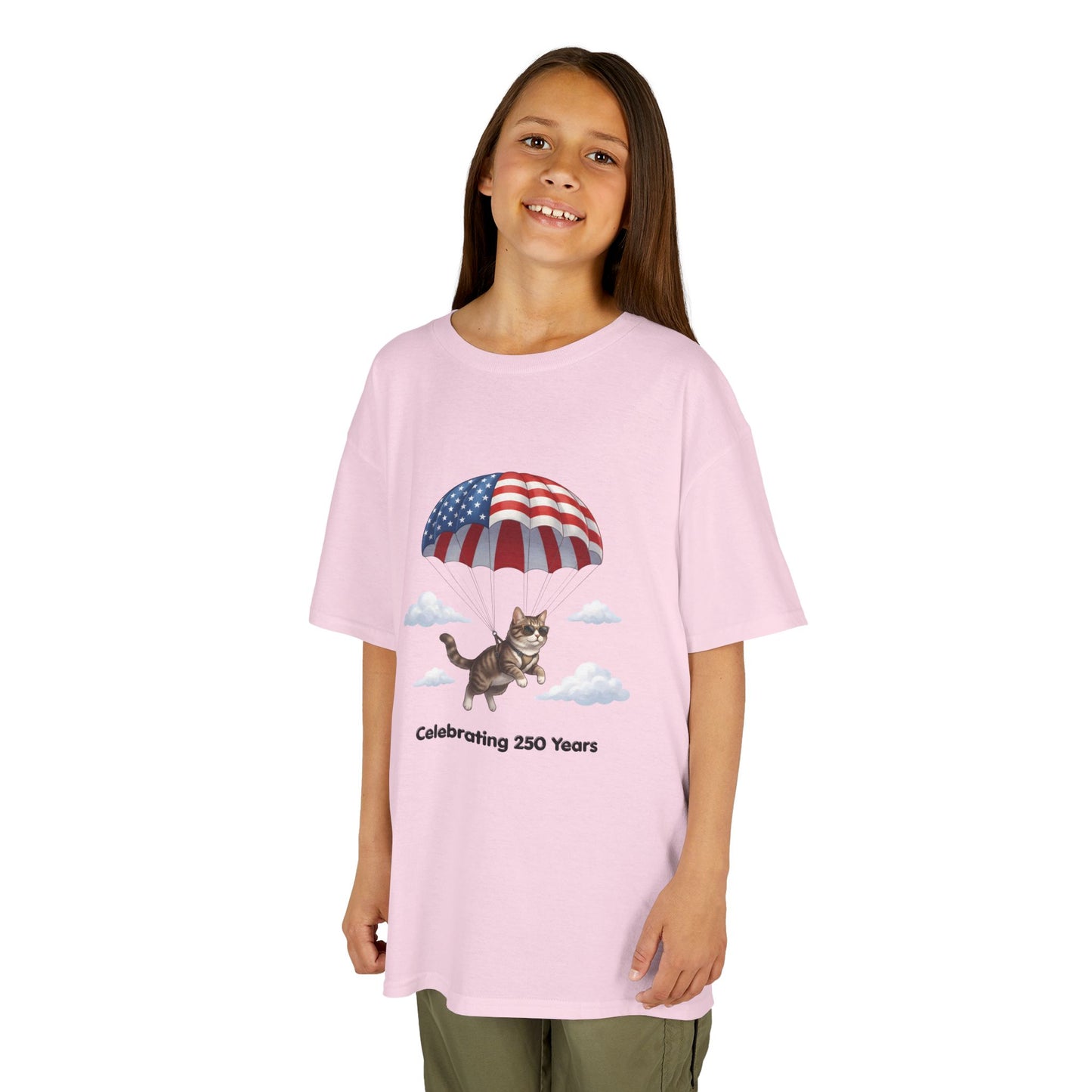 Kids Patriotic Parachuting Cat Tee — "Celebrating 250 Years"