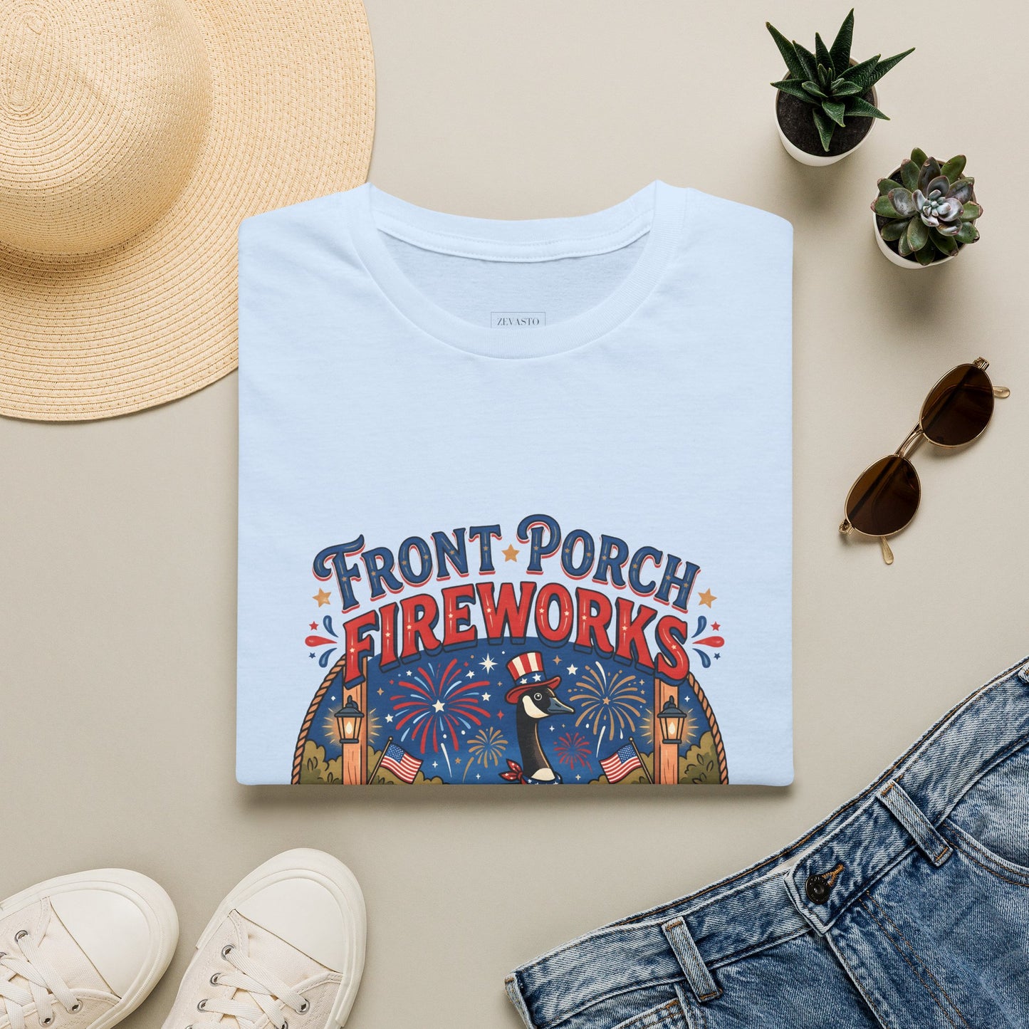 Front Porch Fireworks, Goose T-Shirt — Patriotic 4th of July Celebration Tee