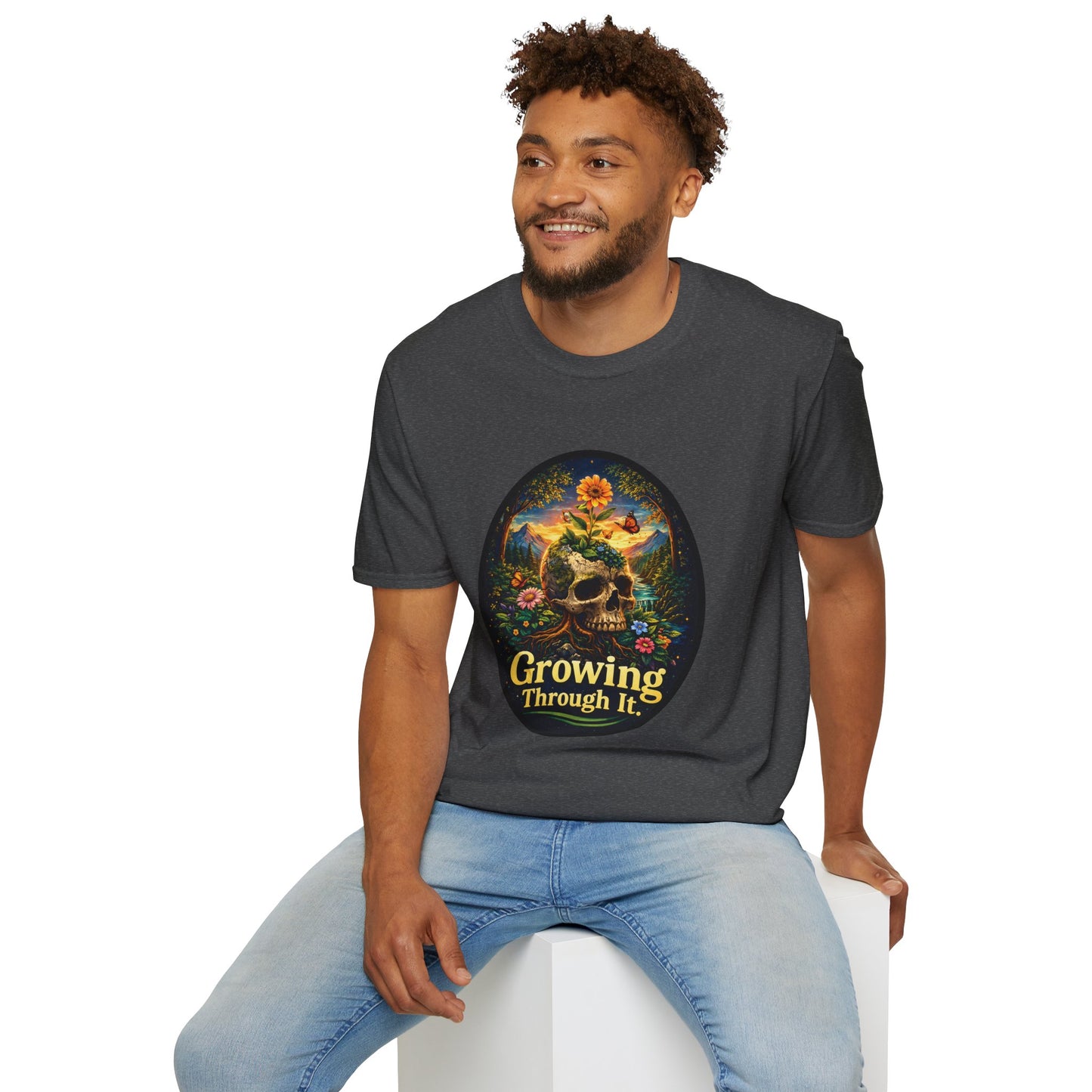 Growing Through It T-Shirt – Earth Day Nature Skull Graphic Tee | Mental Growth & Healing Shirt | Botanical Aesthetic Unisex Tee