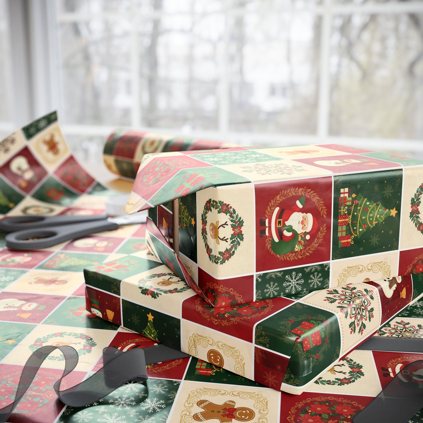 Christmas Patchwork Wrapping Paper Roll — Holiday Gift Wrap with Gingerbread, Snowman & Reindeer