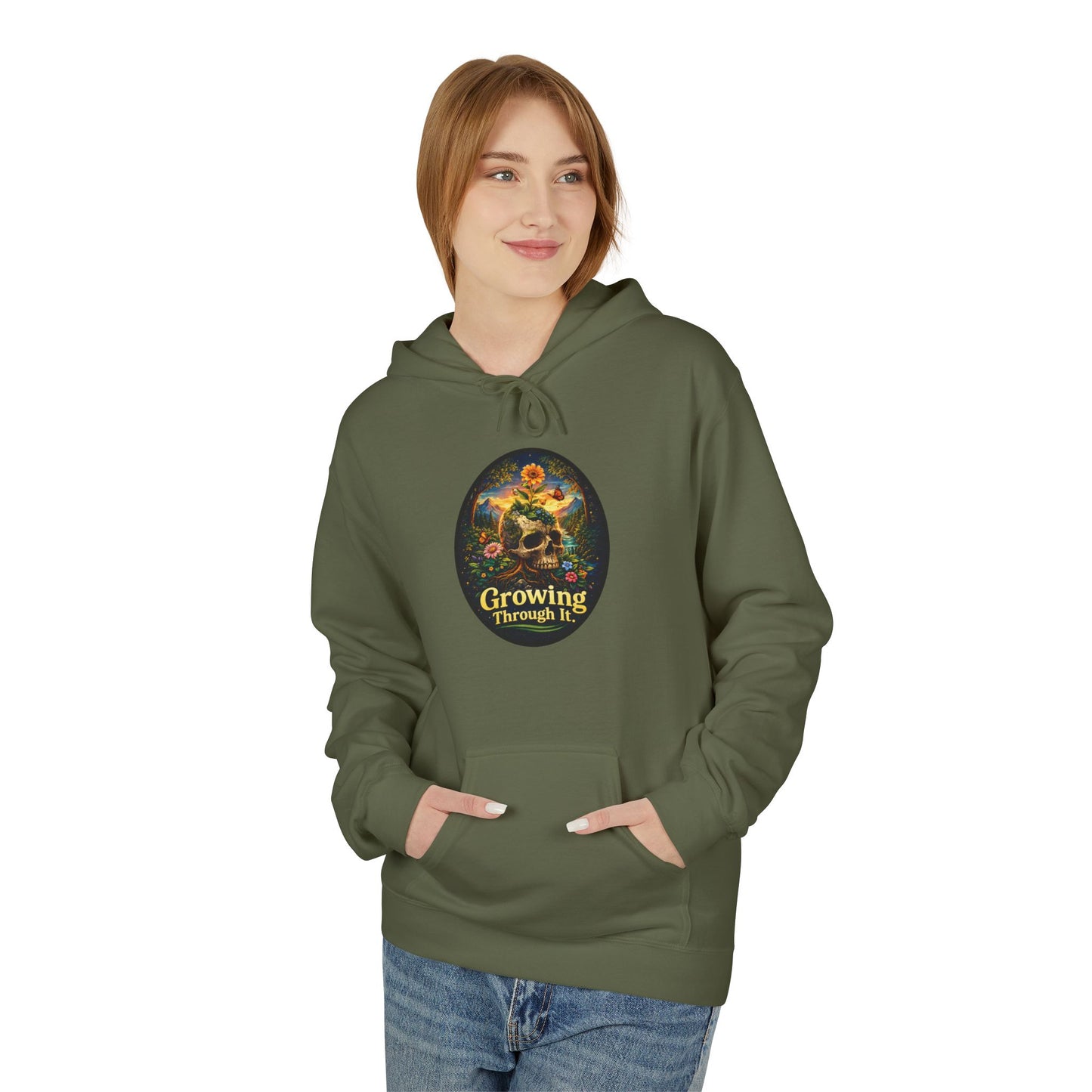 Growing Through It Hoodie – Earth Day Nature Skull Sweatshirt | Mental Growth & Healing Hoodie | Botanical Aesthetic Unisex Hoodie