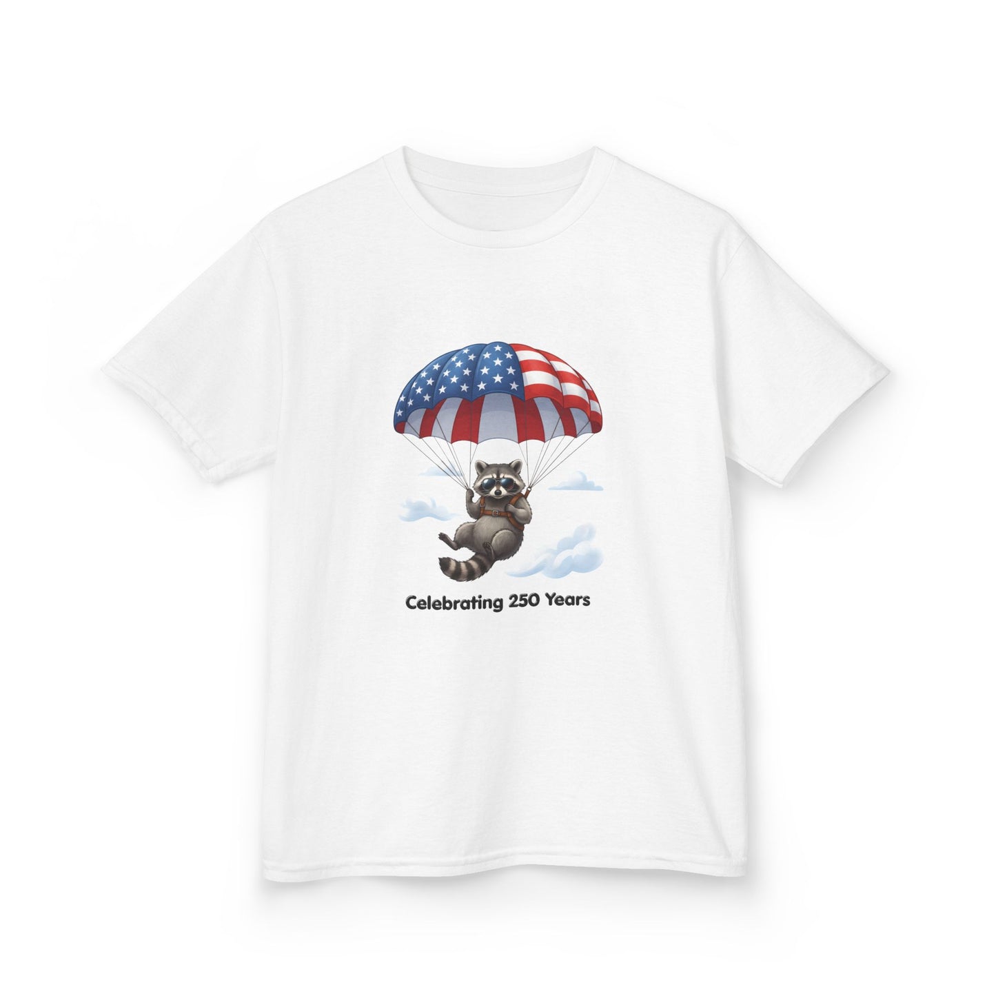 Kids T-Shirt — Patriotic Raccoon Parachute “Celebrating 250 Years”