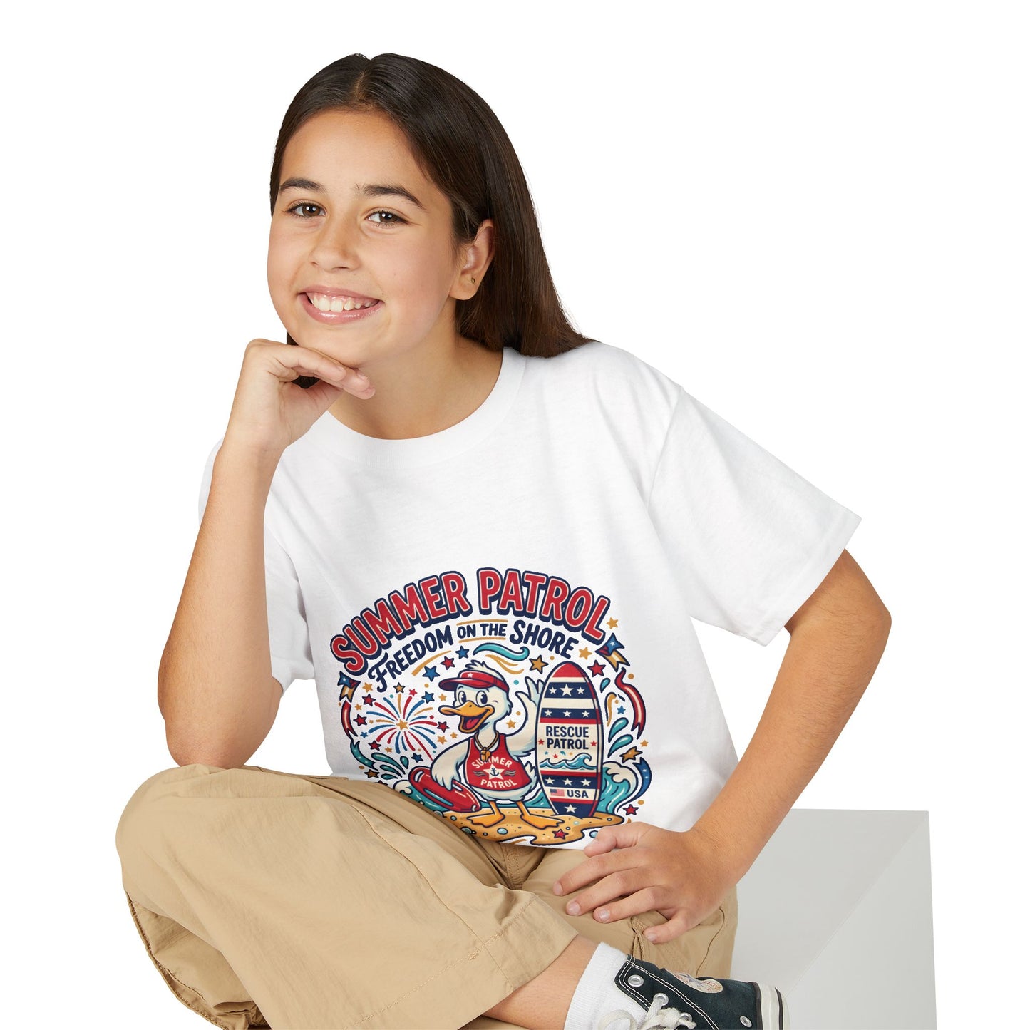 Summer Patrol Kids T‑Shirt — Lifeguard Duck Beach Graphic, 4th of July Tee