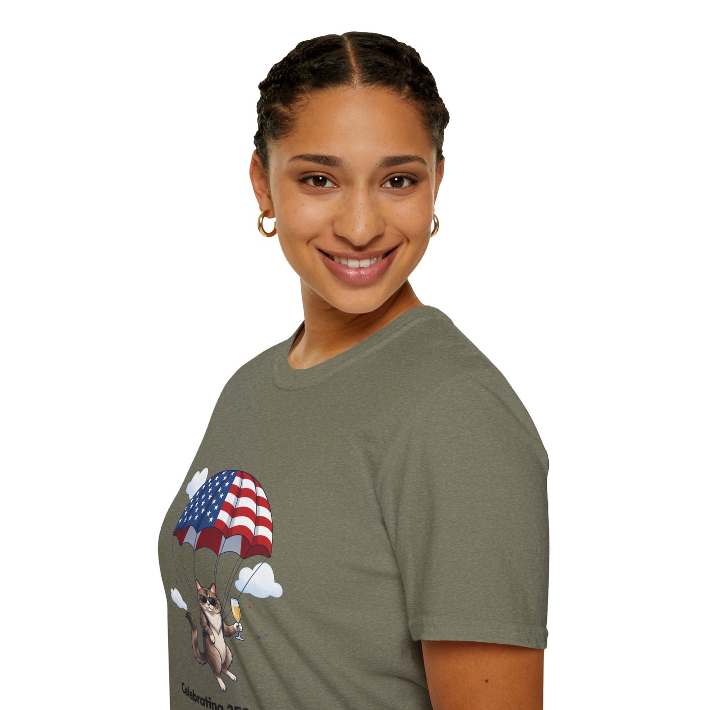Patriotic Cat Parachute T-Shirt — "Celebrating 250 Years" 4th of July Tee