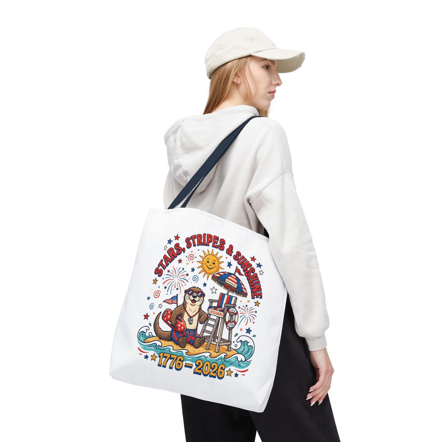 Stars, Stripes & Sunshine Tote Bag — 1776–2026 Patriotic Summer Beach Tote, 4th of July Tote