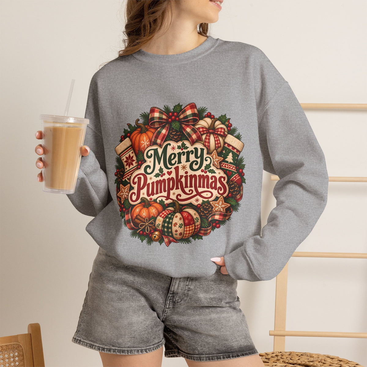 Merry Pumpkinmas Sweatshirt — Holiday Pumpkin Wreath Crewneck