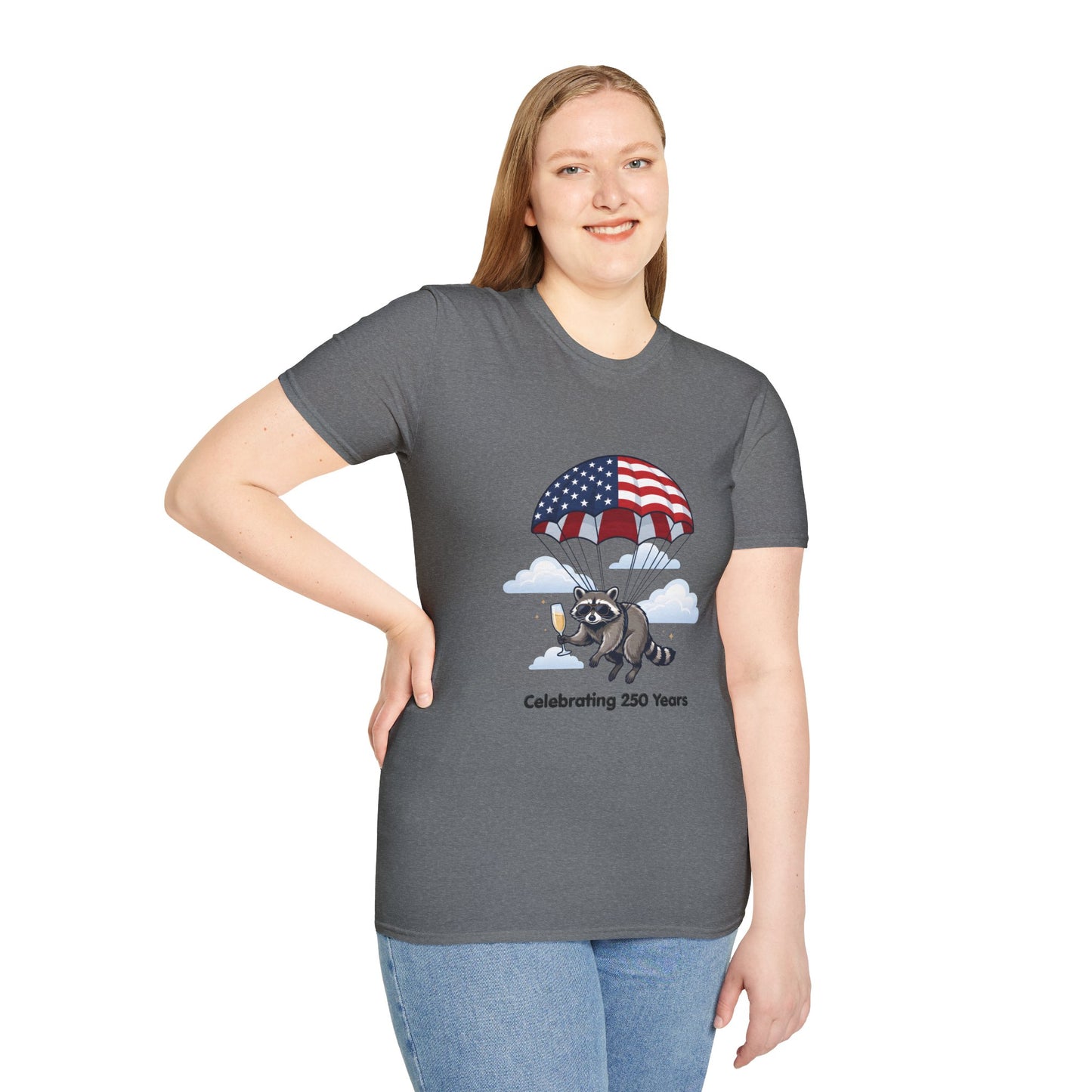 Patriotic Parachuting Raccoon T-Shirt — "Celebrating 250 Years"