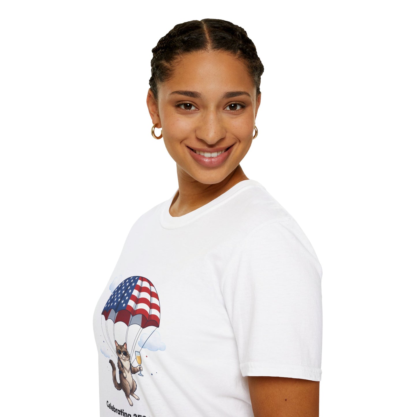 Patriotic Cat Parachute T-Shirt — "Celebrating 250 Years" 4th of July Tee