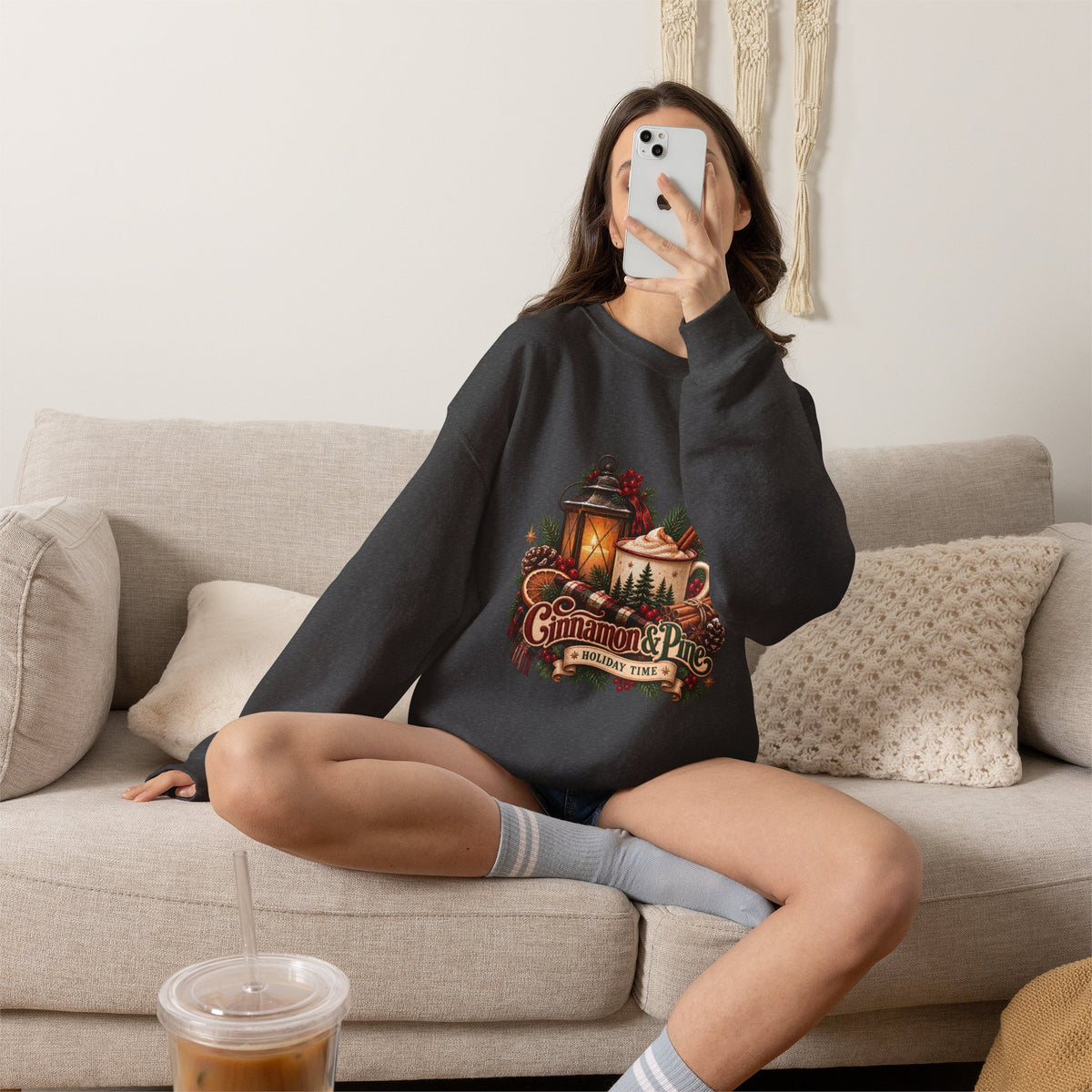 Cinnamon & Pine Crewneck Sweatshirt — Cozy Holiday Lantern Design Sweatshirt