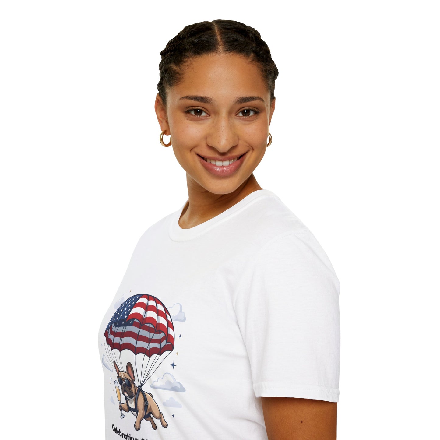 Patriotic French Bulldog T-Shirt — "Celebrating 250 Years" Parachute Design
