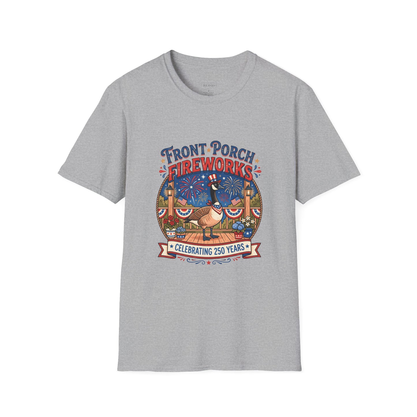 Front Porch Fireworks, Goose T-Shirt — Patriotic 4th of July Celebration Tee