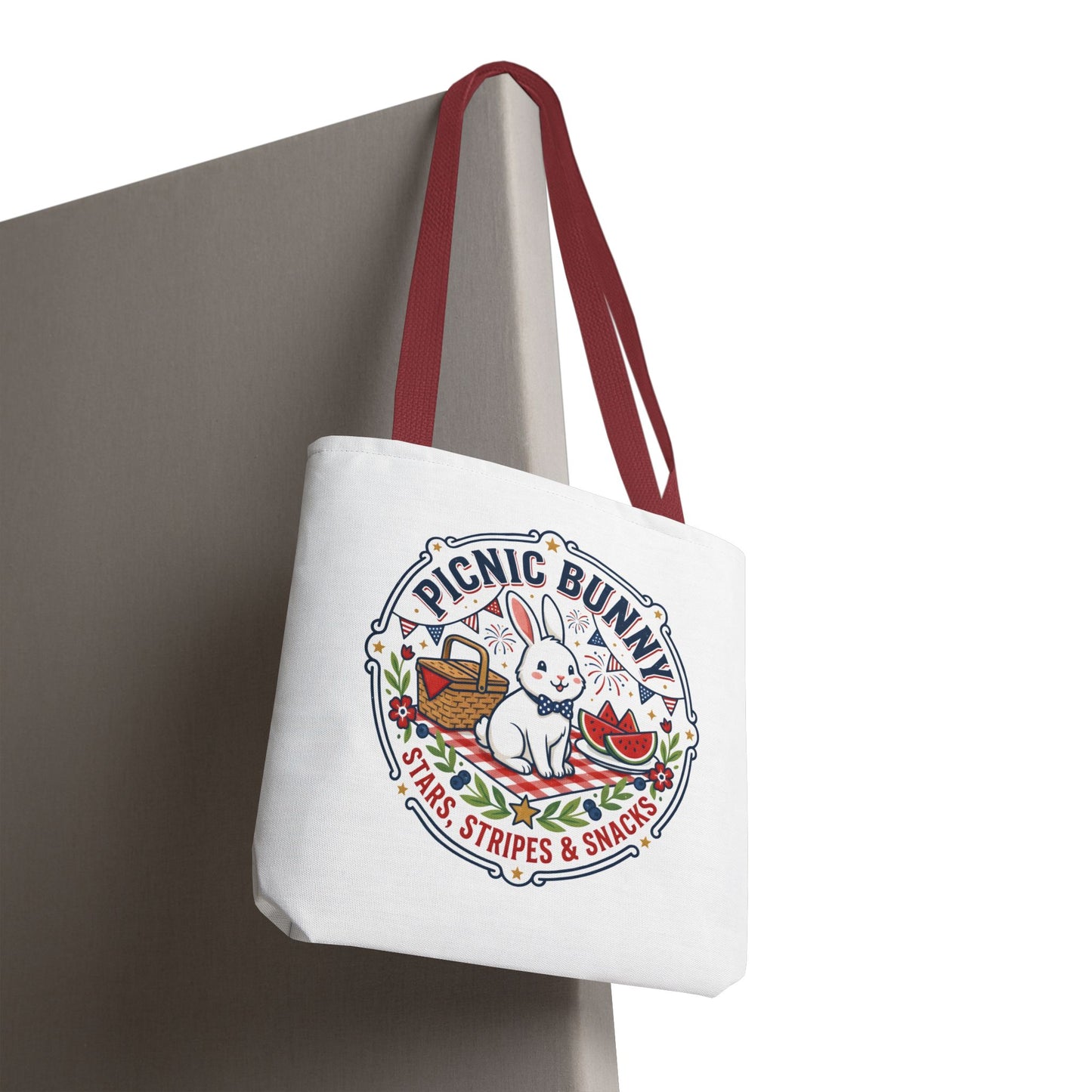 Patriotic Picnic Bunny Tote Bag — ‘Stars, Stripes & Snacks’ Cute Rabbit Picnic Tote, 4th of July Tote