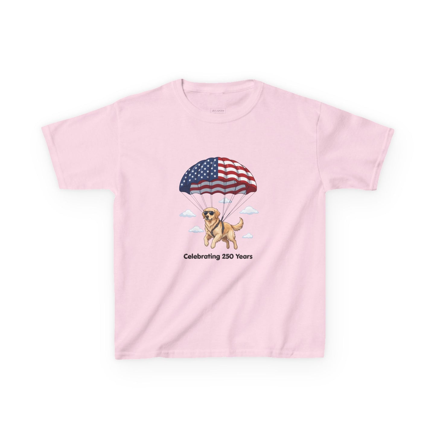 Kids Tee — Dog with Parachute, "Celebrating 250 Years" (Patriotic Fourth of July)