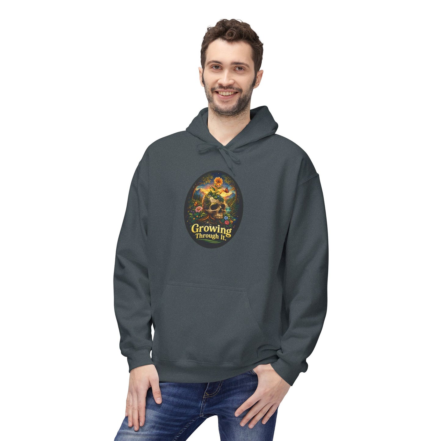 Growing Through It Hoodie – Earth Day Nature Skull Sweatshirt | Mental Growth & Healing Hoodie | Botanical Aesthetic Unisex Hoodie