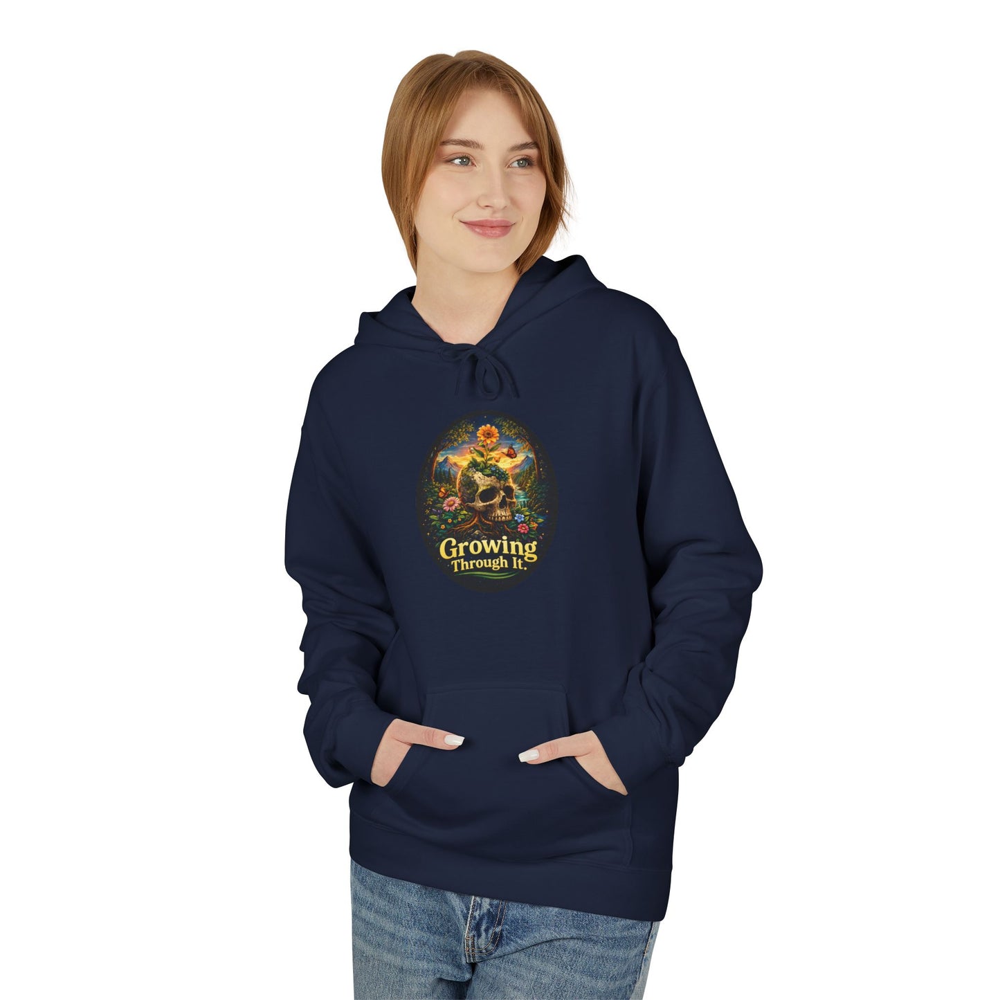 Growing Through It Hoodie – Earth Day Nature Skull Sweatshirt | Mental Growth & Healing Hoodie | Botanical Aesthetic Unisex Hoodie