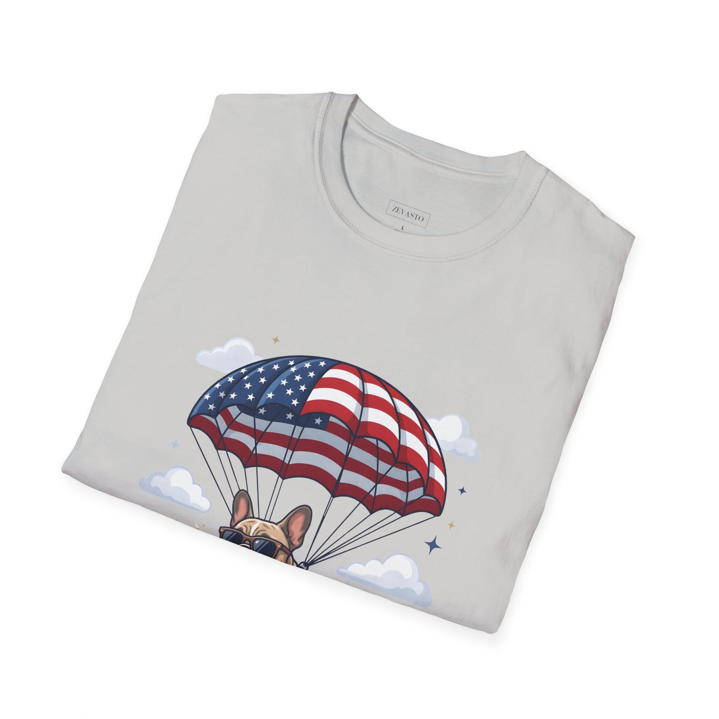 Patriotic French Bulldog T-Shirt — "Celebrating 250 Years" Parachute Design