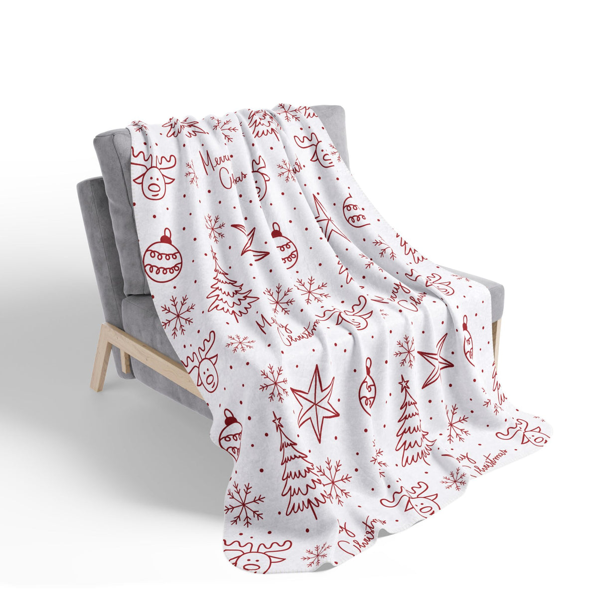 Christmas Fleece Sherpa Blanket - Red Doodle Trees, Reindeer & "Merry Christmas" Pattern