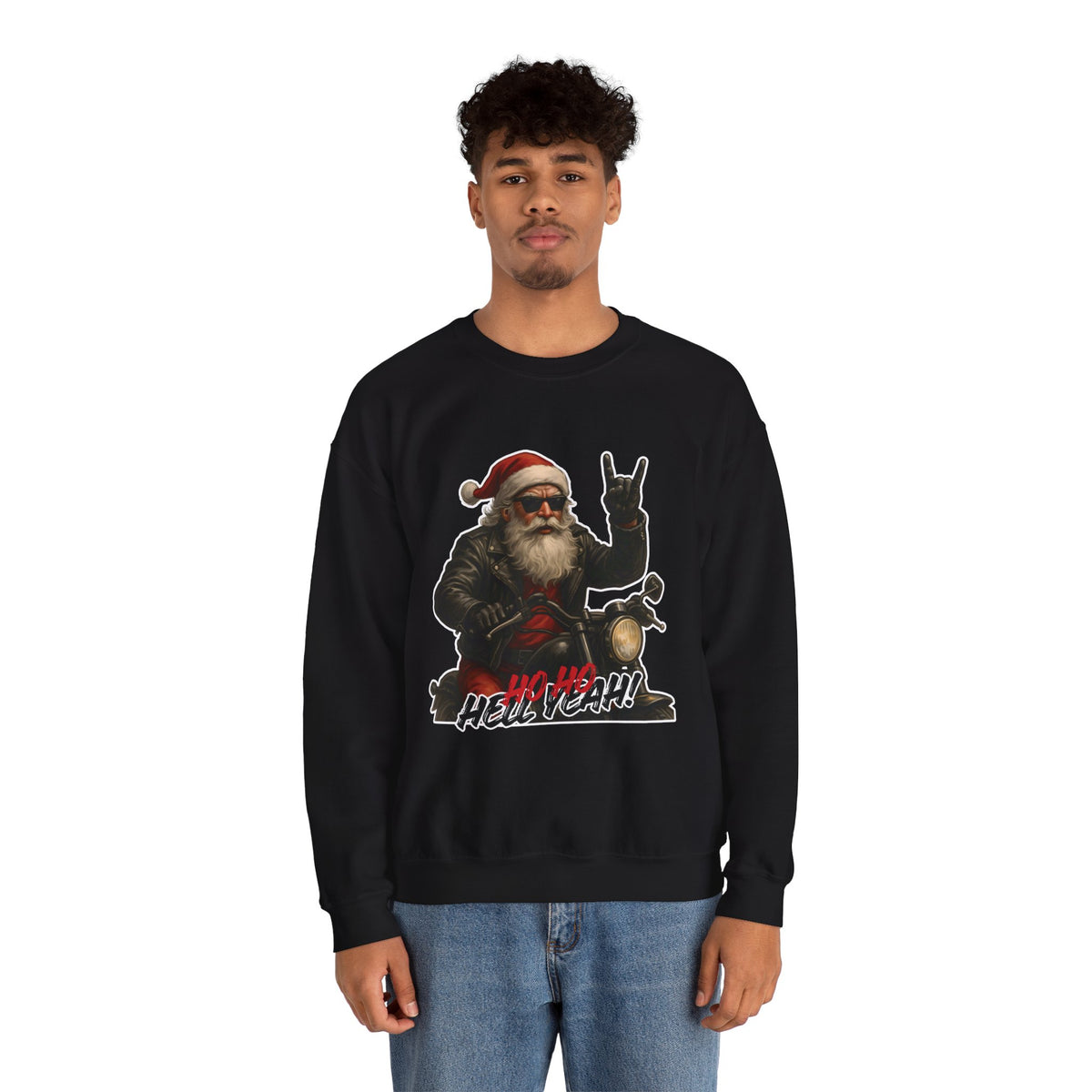 Santa Biker Crewneck Sweatshirt – 'Ho Ho Hell Yeah' Christmas Motorcycle Pullover