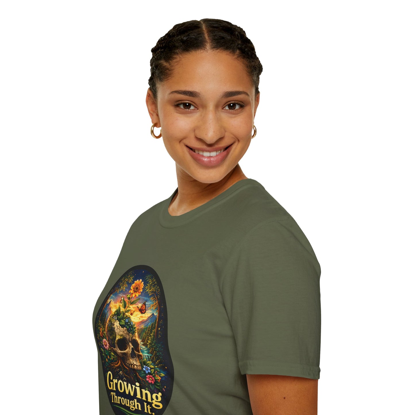 Growing Through It T-Shirt – Earth Day Nature Skull Graphic Tee | Mental Growth & Healing Shirt | Botanical Aesthetic Unisex Tee