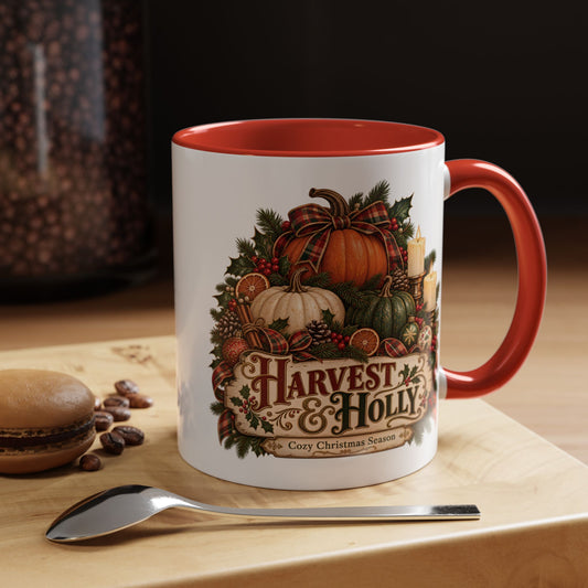 Harvest & Holly Accent Coffee Mug - Vintage Christmas Holiday Mug (11 oz)