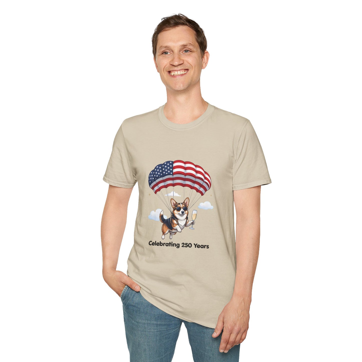 Corgi Parachute American Flag T-Shirt — "Celebrating 250 Years" Patriotic Tee