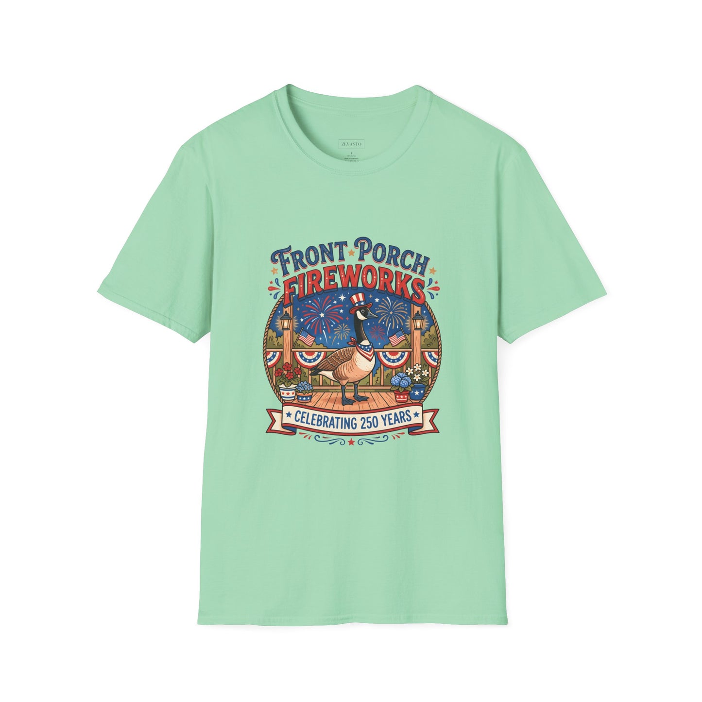 Front Porch Fireworks, Goose T-Shirt — Patriotic 4th of July Celebration Tee