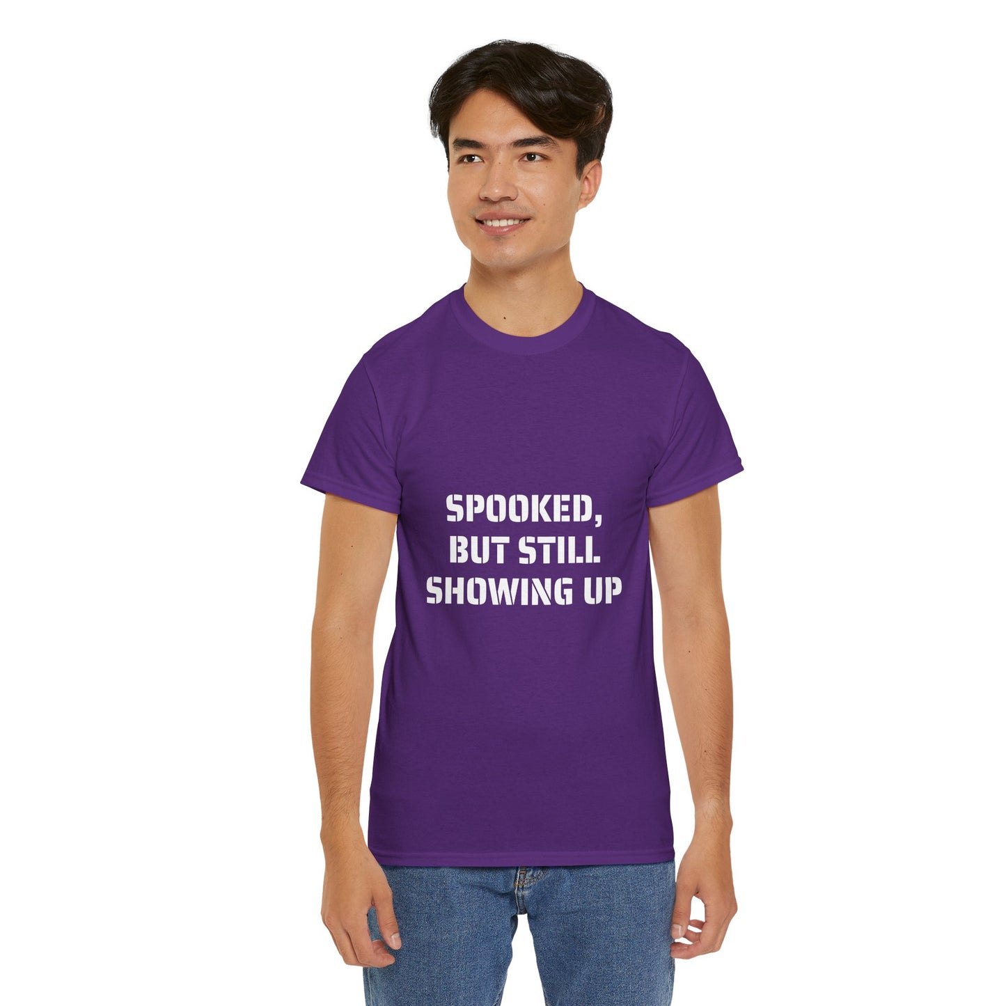Spooked, But Still Showing Up Unisex Heavy Cotton Tee | Halloween, Funny T-Shirt