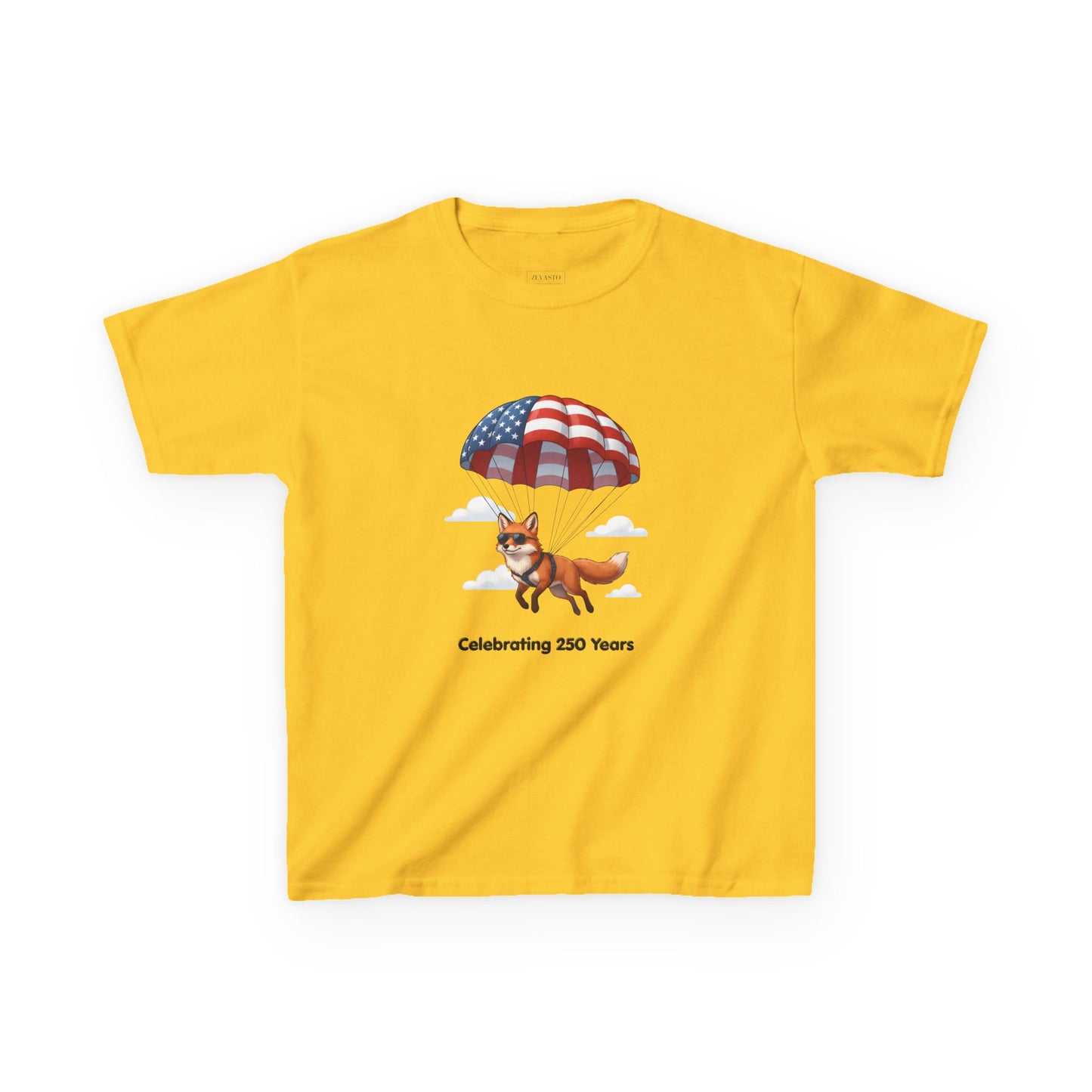 Kids Tee — Patriotic Fox with Parachute - “Celebrating 250 Years”