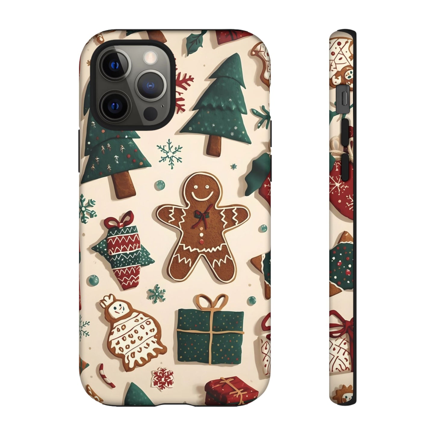 Christmas Phone Case with Gingerbread and Christmas Tree Design, Dual Layer Case for Iphone 17, 16, 15, 14, 13, 12, 11 & Samsung