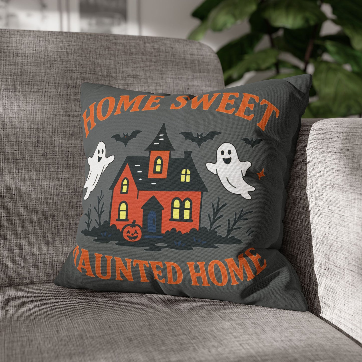 Halloween Themed Square Pillowcase, Home Sweet Haunted Home Decor