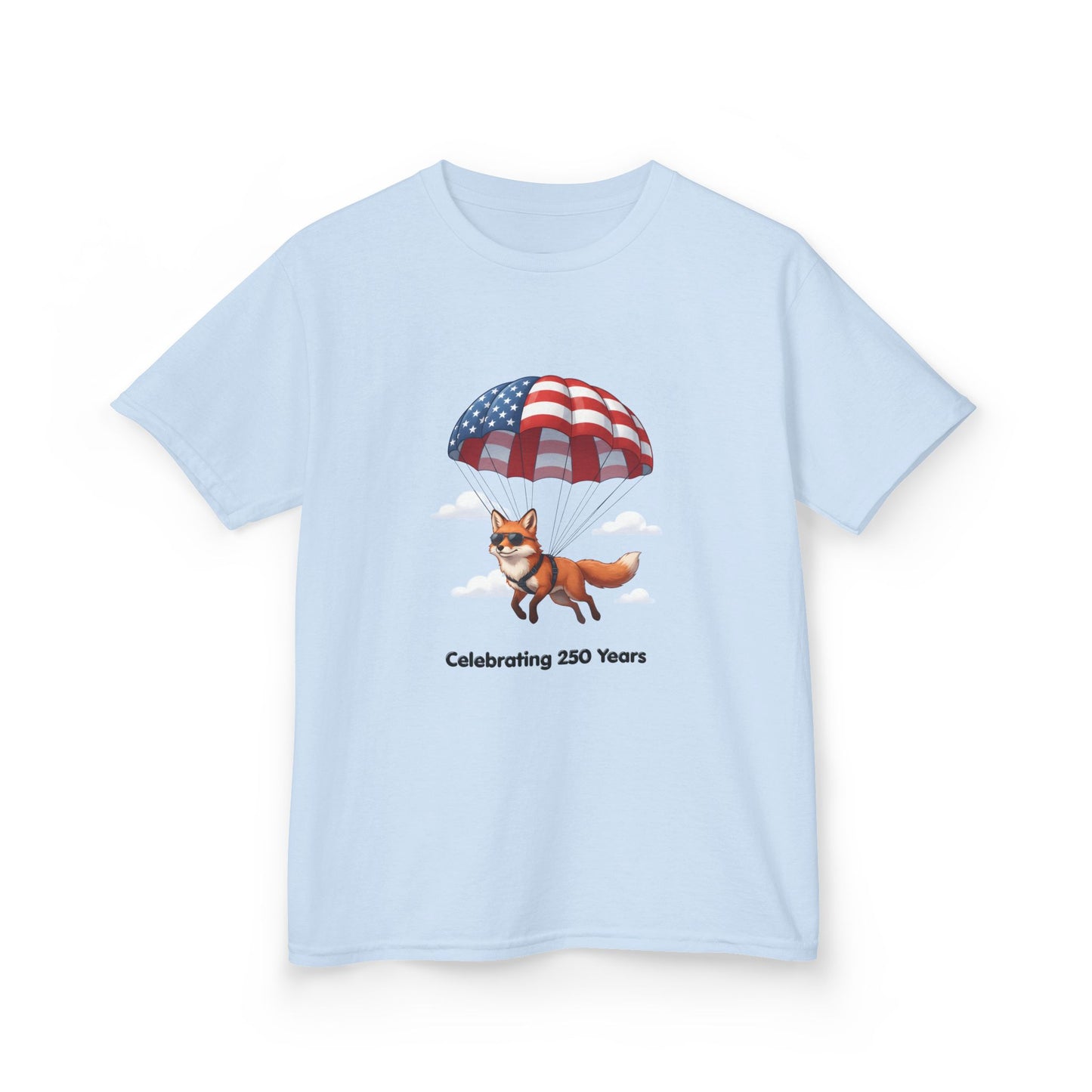 Kids Tee — Patriotic Fox with Parachute - “Celebrating 250 Years”