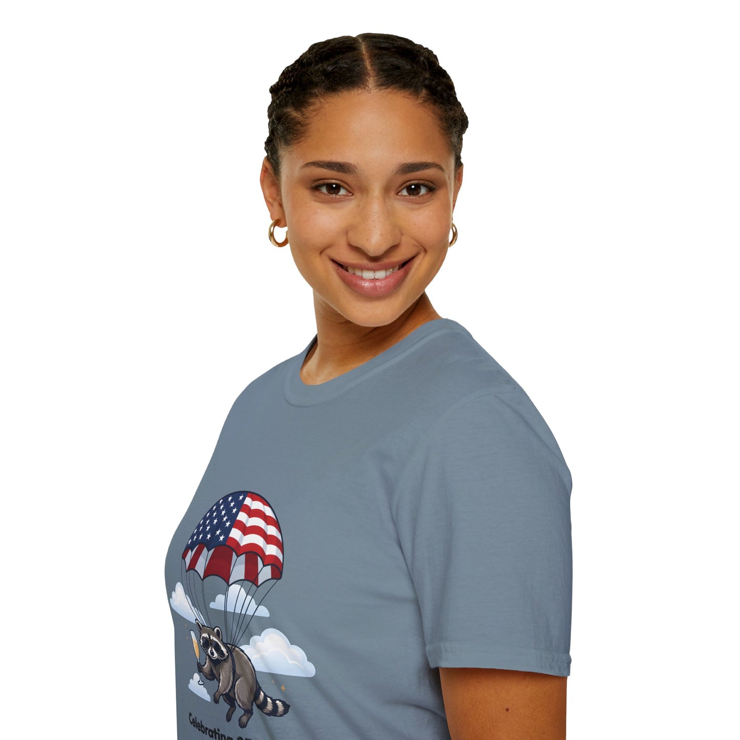 Patriotic Parachuting Raccoon T-Shirt — "Celebrating 250 Years"