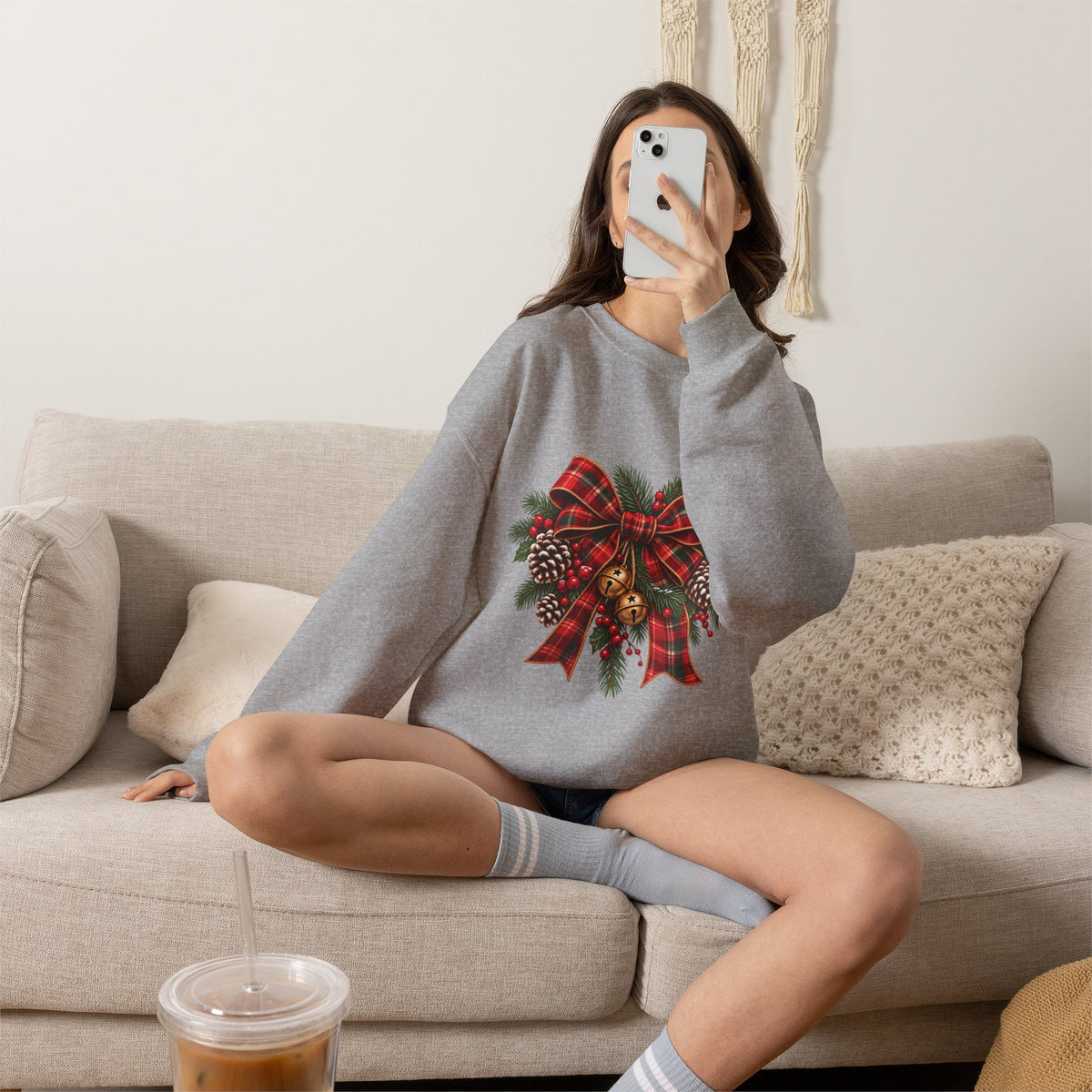 Christmas Plaid Bow Sweatshirt - Holiday Pinecone & Jingle Bells Crewneck