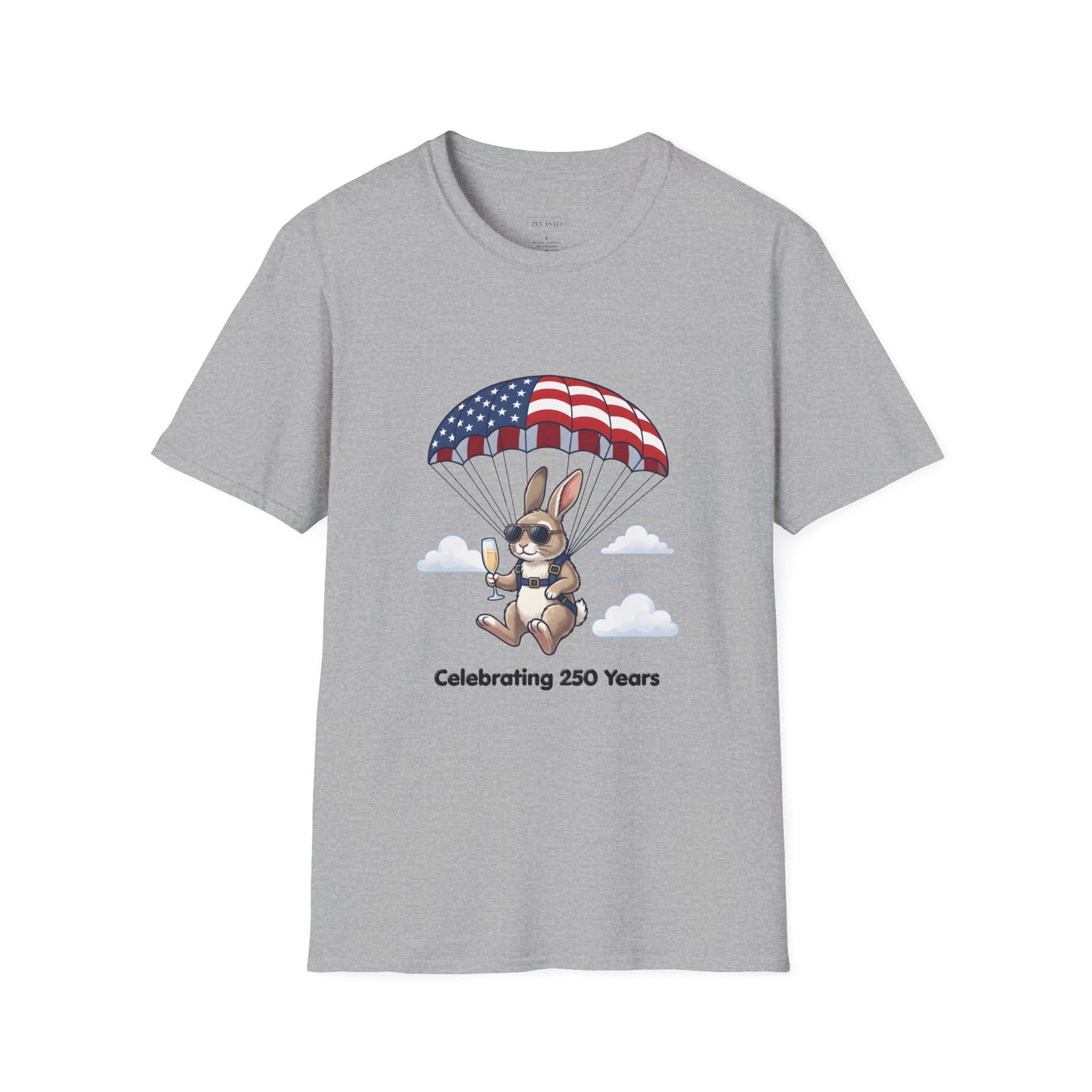 Patriotic Parachuting Bunny T-Shirt — "Celebrating 250 Years"