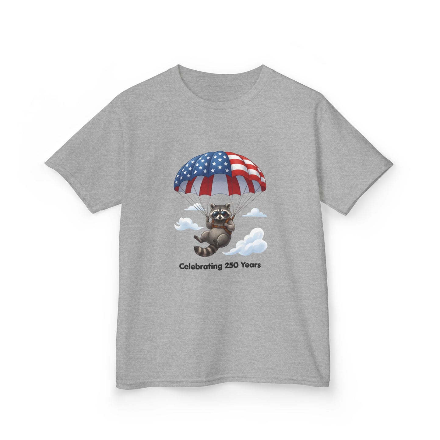 Kids T-Shirt — Patriotic Raccoon Parachute “Celebrating 250 Years”