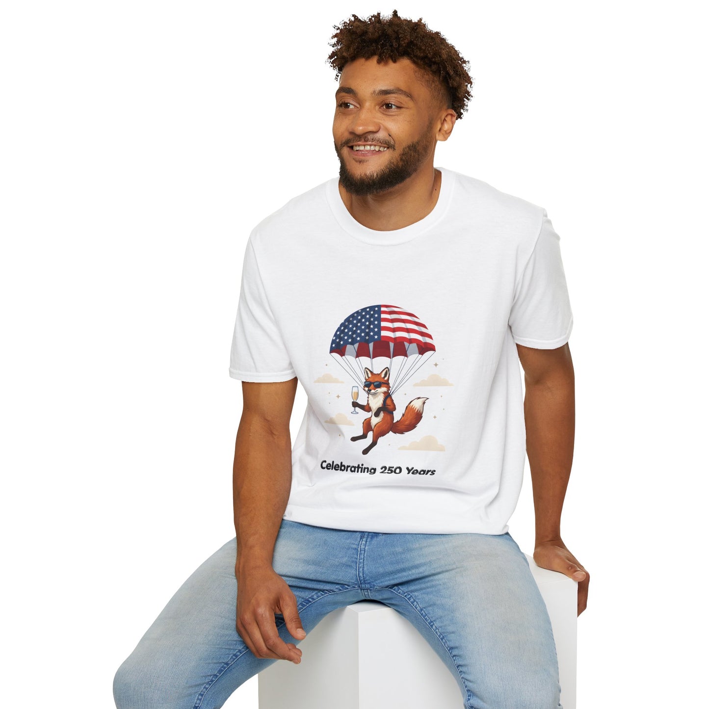 Patriotic Fox Parachute T-Shirt — "Celebrating 250 Years" Anniversary Tee