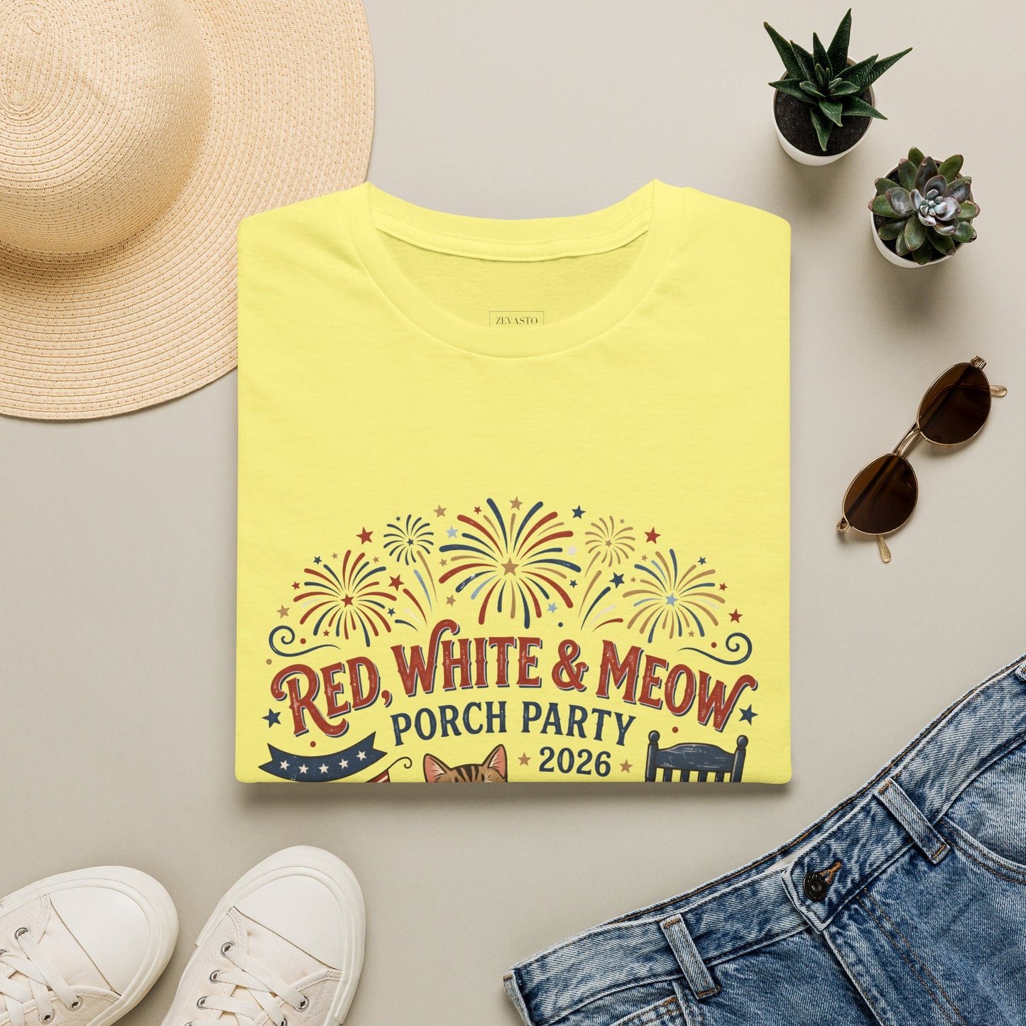Red, White & Meow Porch Party T-Shirt — 2026 Patriotic Cat Tee, 4th of July Shirt, Independence Day Gift