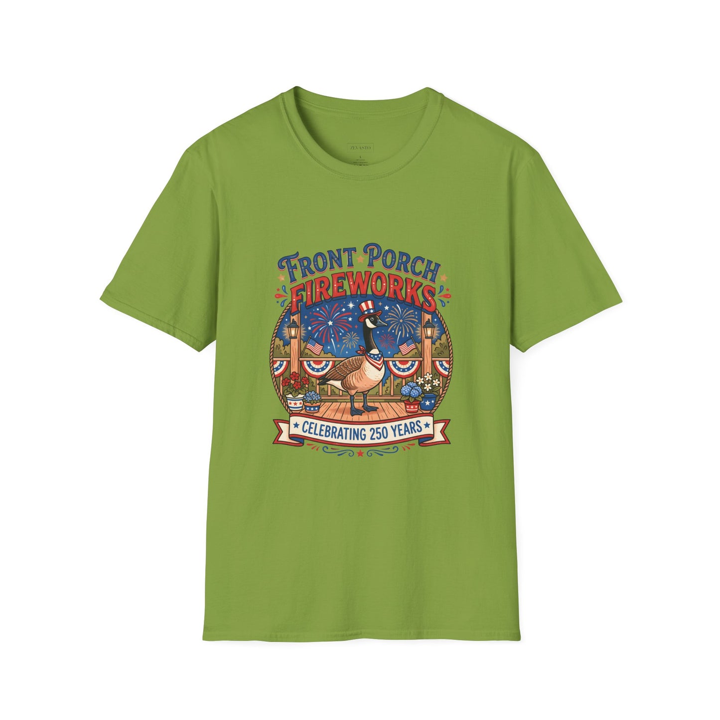 Front Porch Fireworks, Goose T-Shirt — Patriotic 4th of July Celebration Tee