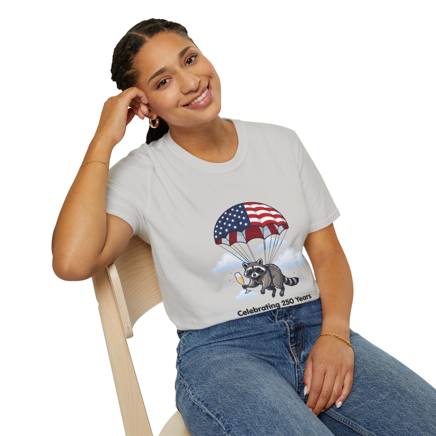 Patriotic Parachuting Raccoon T-Shirt — "Celebrating 250 Years"