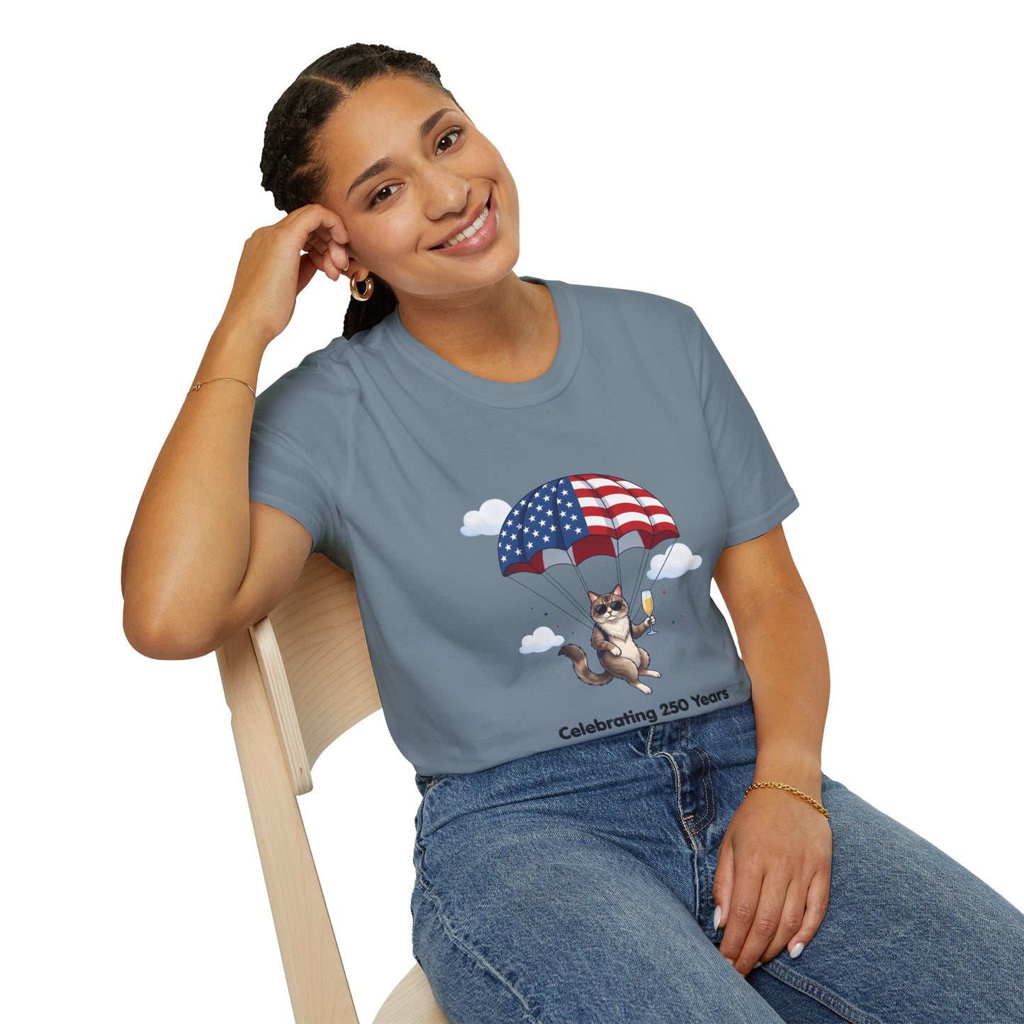 Patriotic Cat Parachute T-Shirt — "Celebrating 250 Years" 4th of July Tee