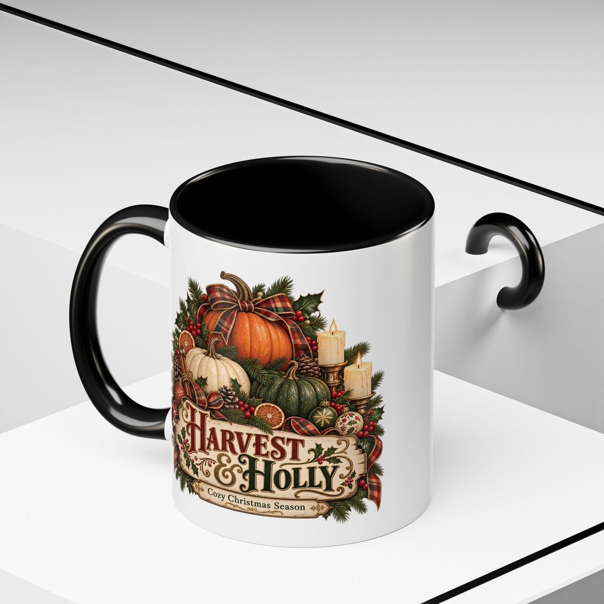 Harvest & Holly Accent Coffee Mug - Vintage Christmas Holiday Mug (11 oz)