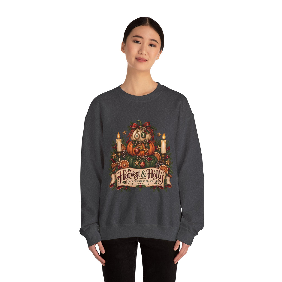 Harvest & Holly Crewneck Sweatshirt — Vintage Pumpkin Fall Graphic Sweatshirt