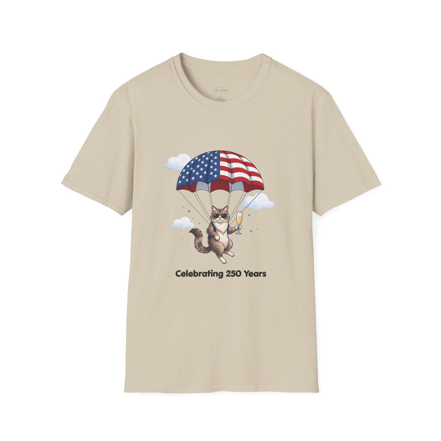 Patriotic Cat Parachute T-Shirt — "Celebrating 250 Years" 4th of July Tee