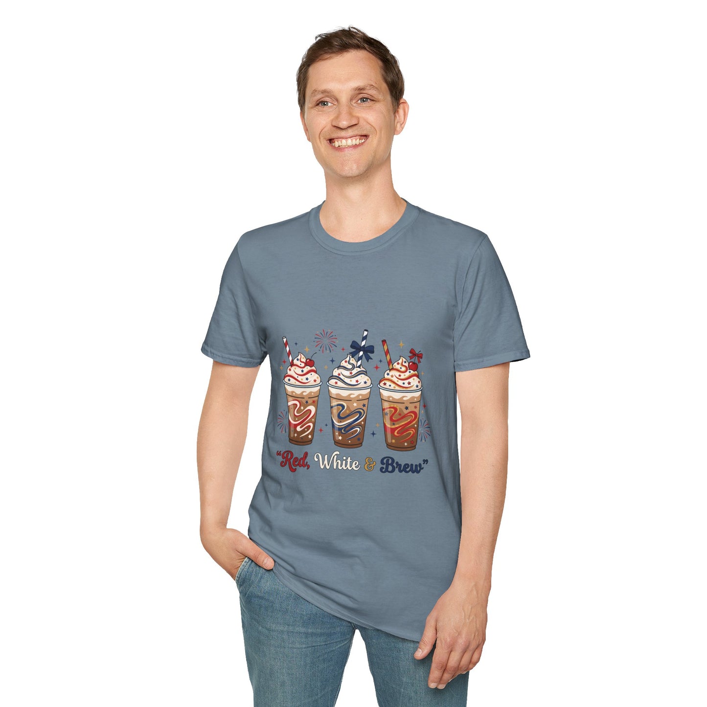 Patriotic Iced Coffee Tee — "Red, White & Brew" Graphic T‑Shirt