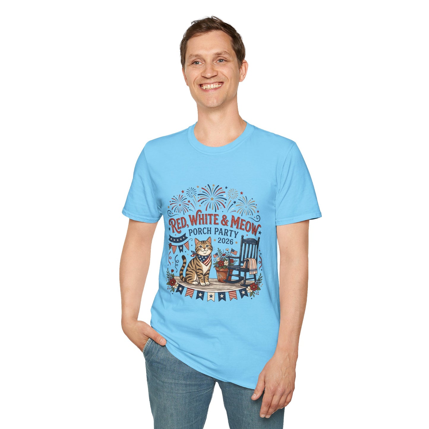 Red, White & Meow Porch Party T-Shirt — 2026 Patriotic Cat Tee, 4th of July Shirt, Independence Day Gift