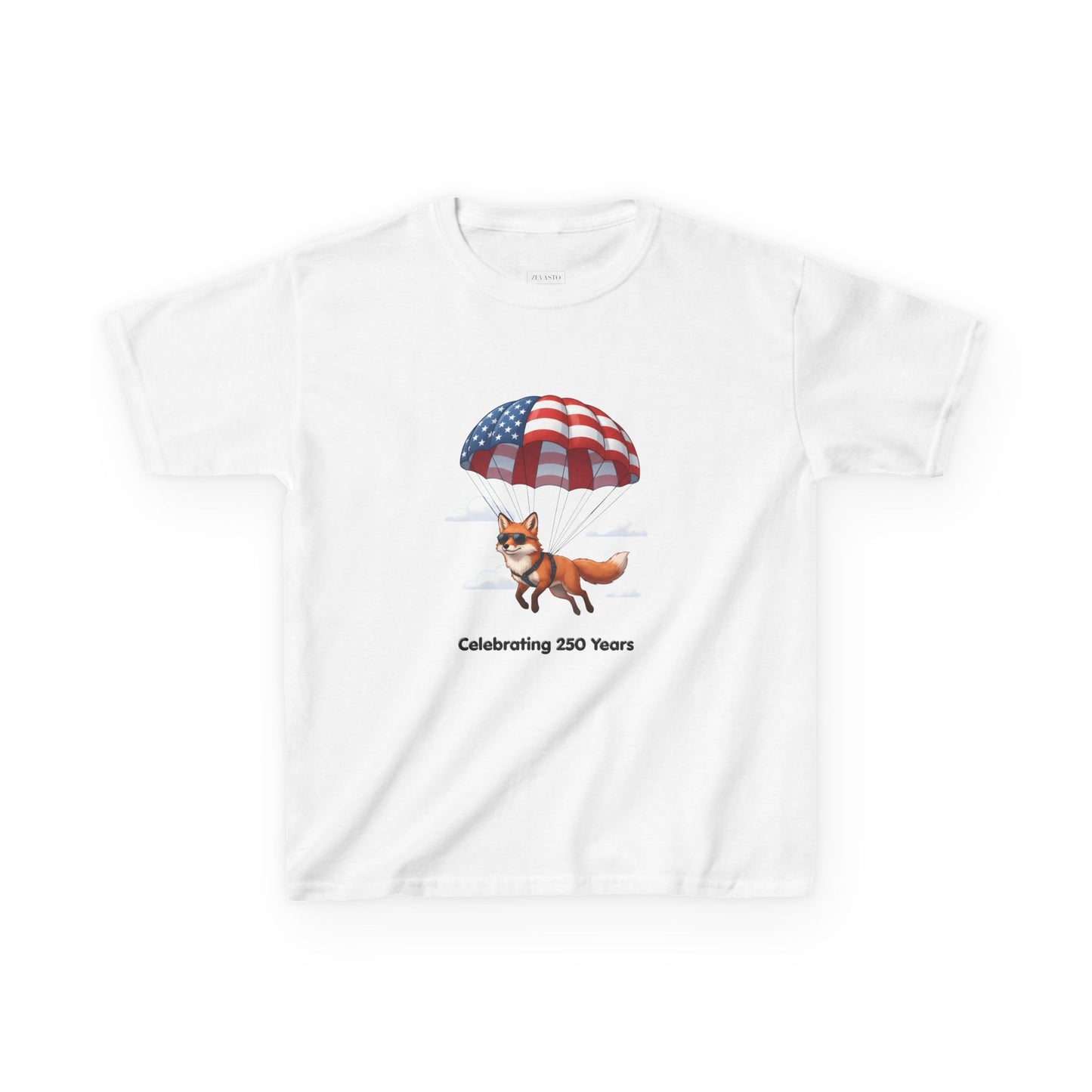 Kids Tee — Patriotic Fox with Parachute - “Celebrating 250 Years”